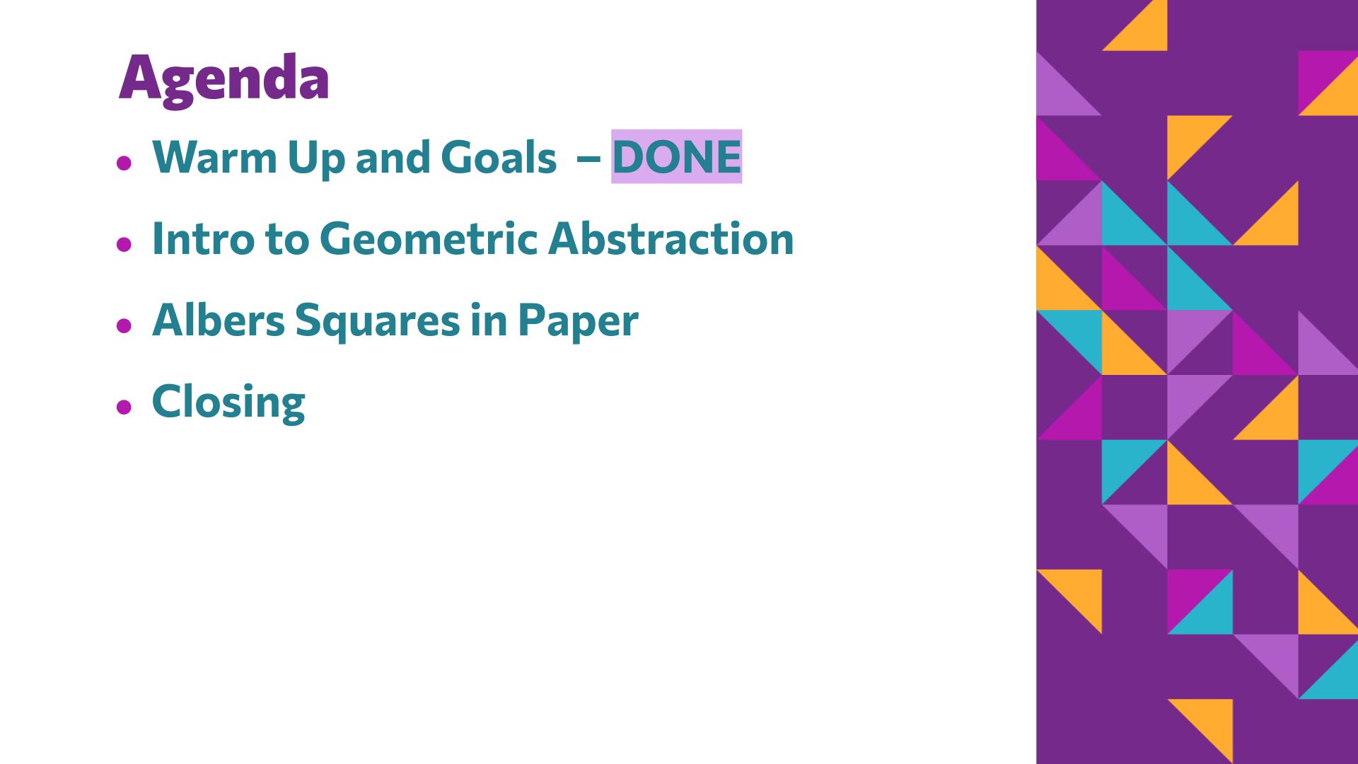 Slide 5: Agenda — Albers Squares