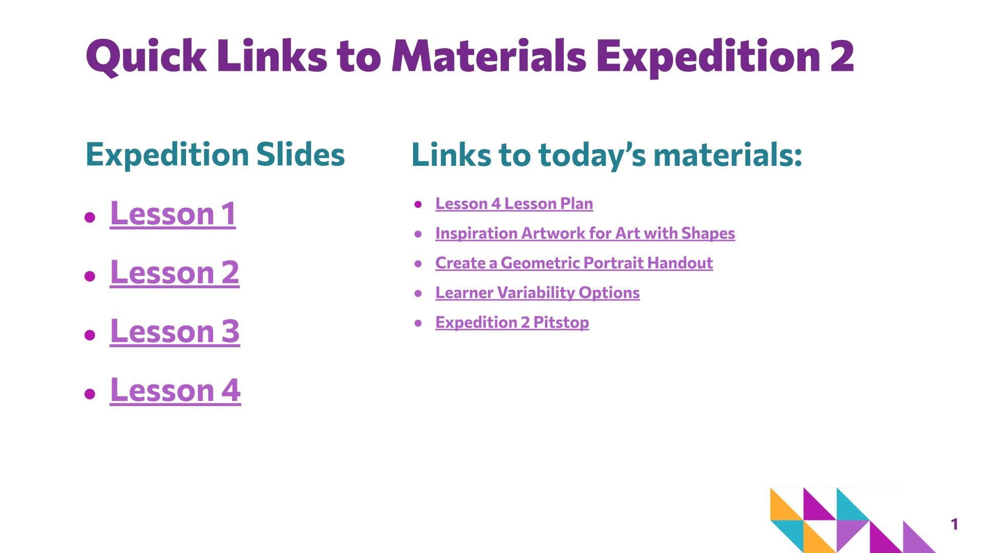 Slide 1: Quick Links to Materials Expedition 2 — Art with Shapes