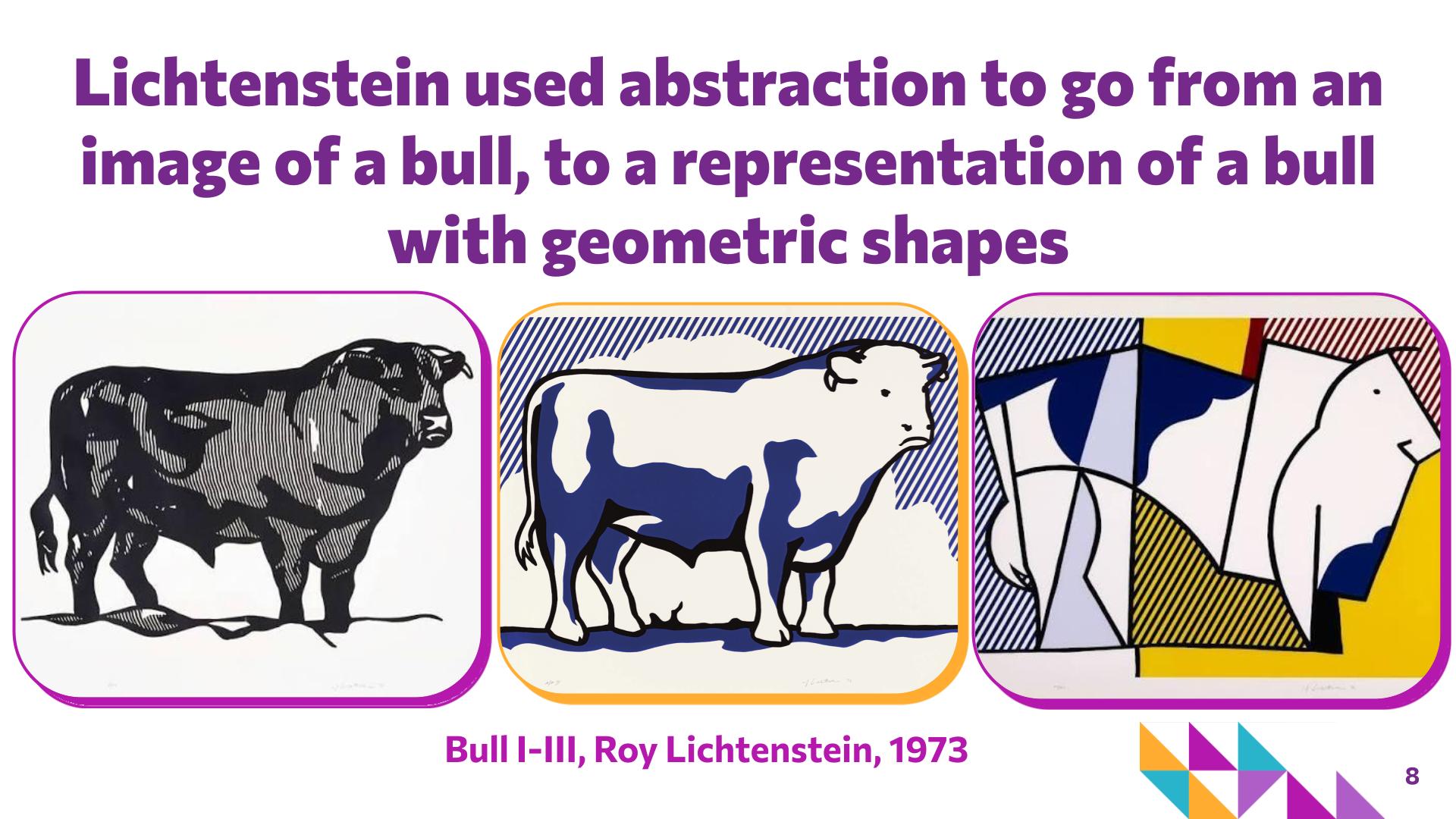 Slide 8: Lichtenstein used abstraction to go from an image of a bull, to a representation of a bull with geometric shapes — Art with Shapes