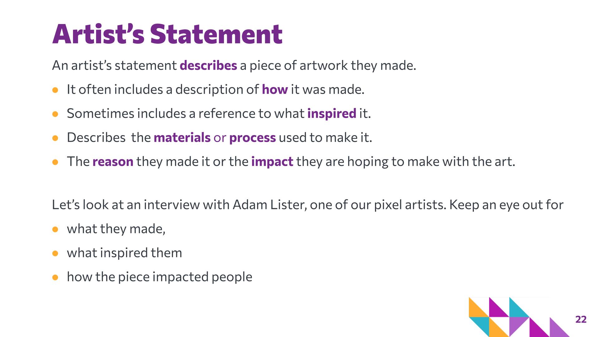Slide 22: Artist’s Statement — Art with Shapes