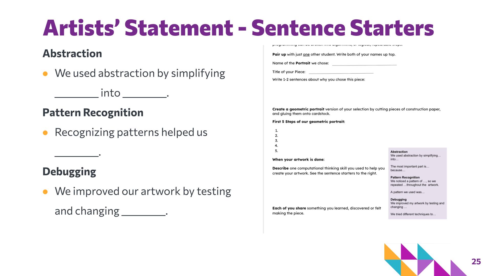 Slide 25: Artists’ Statement - Sentence Starters — Art with Shapes