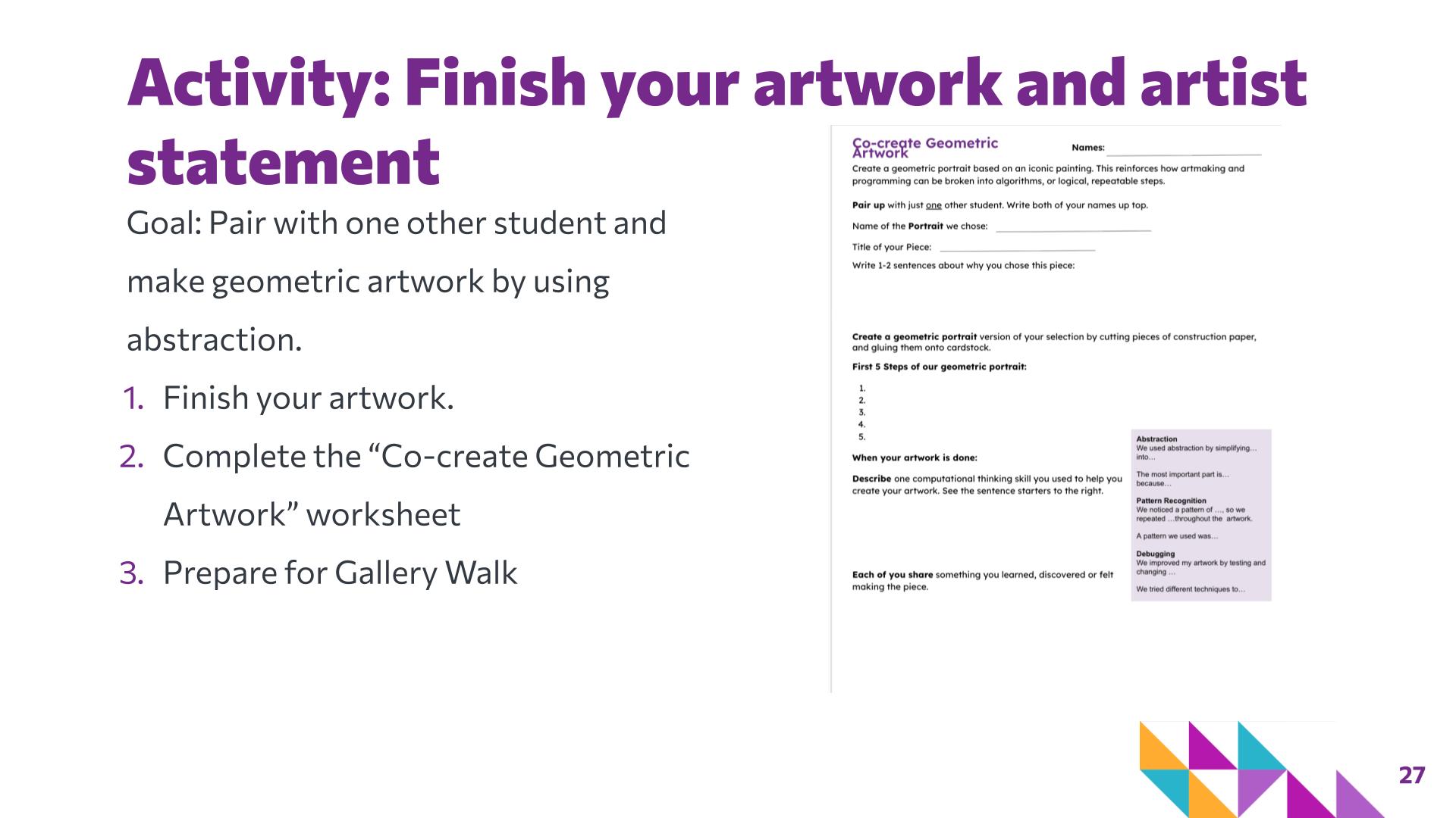 Slide 27: Activity: Finish your artwork and artist statement — Art with Shapes