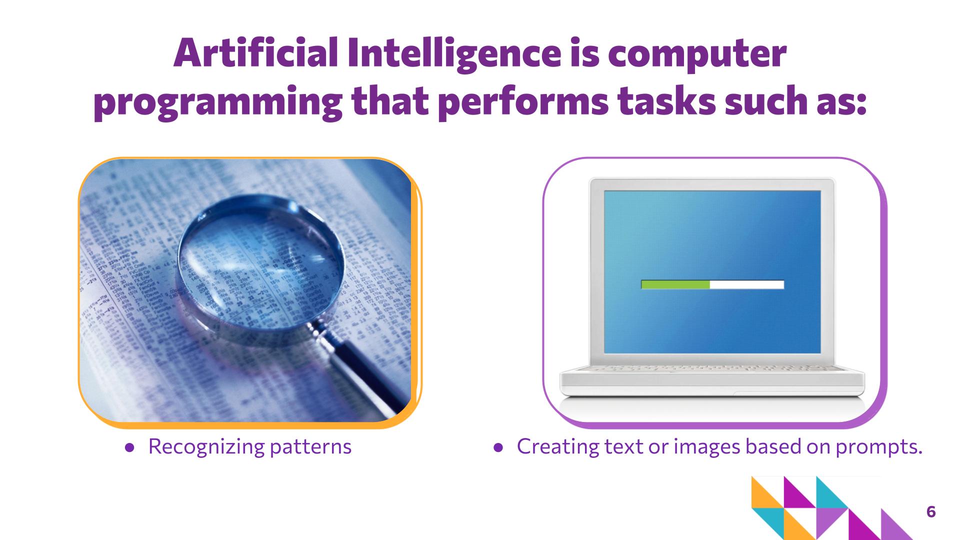 Slide 6: Artificial Intelligence is computer programming that performs tasks such as: — You and I + AI
