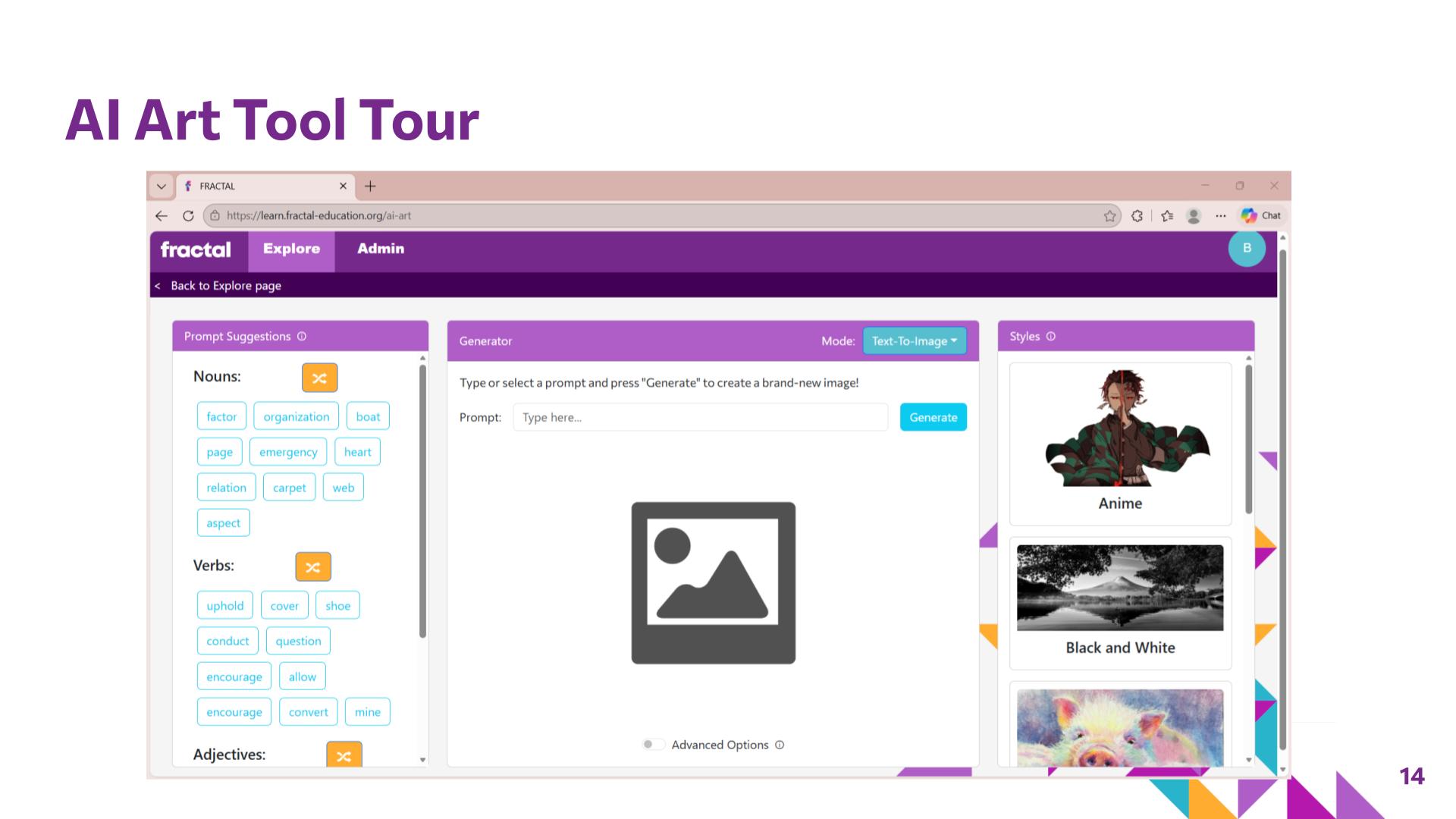 Slide 14: AI Art Tool Tour — Picture it with Words