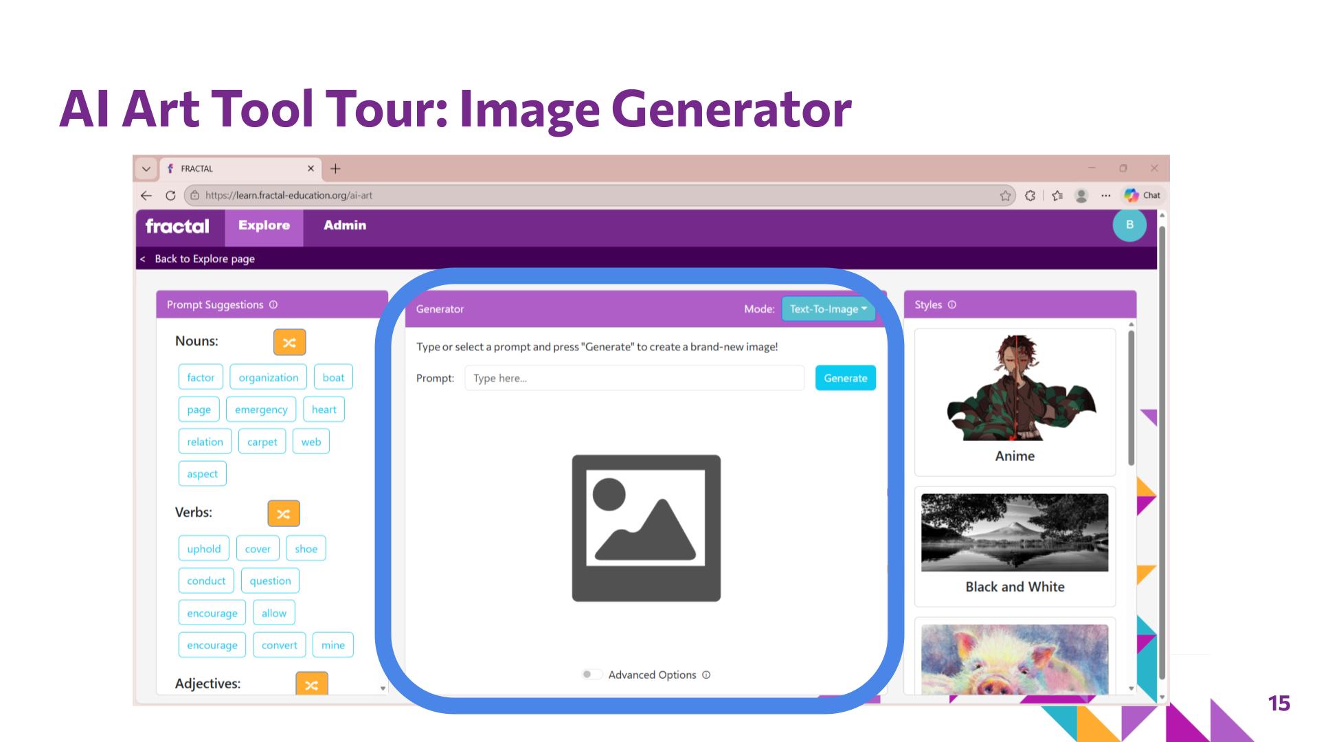 Slide 15: AI Art Tool Tour: Image Generator — Picture it with Words