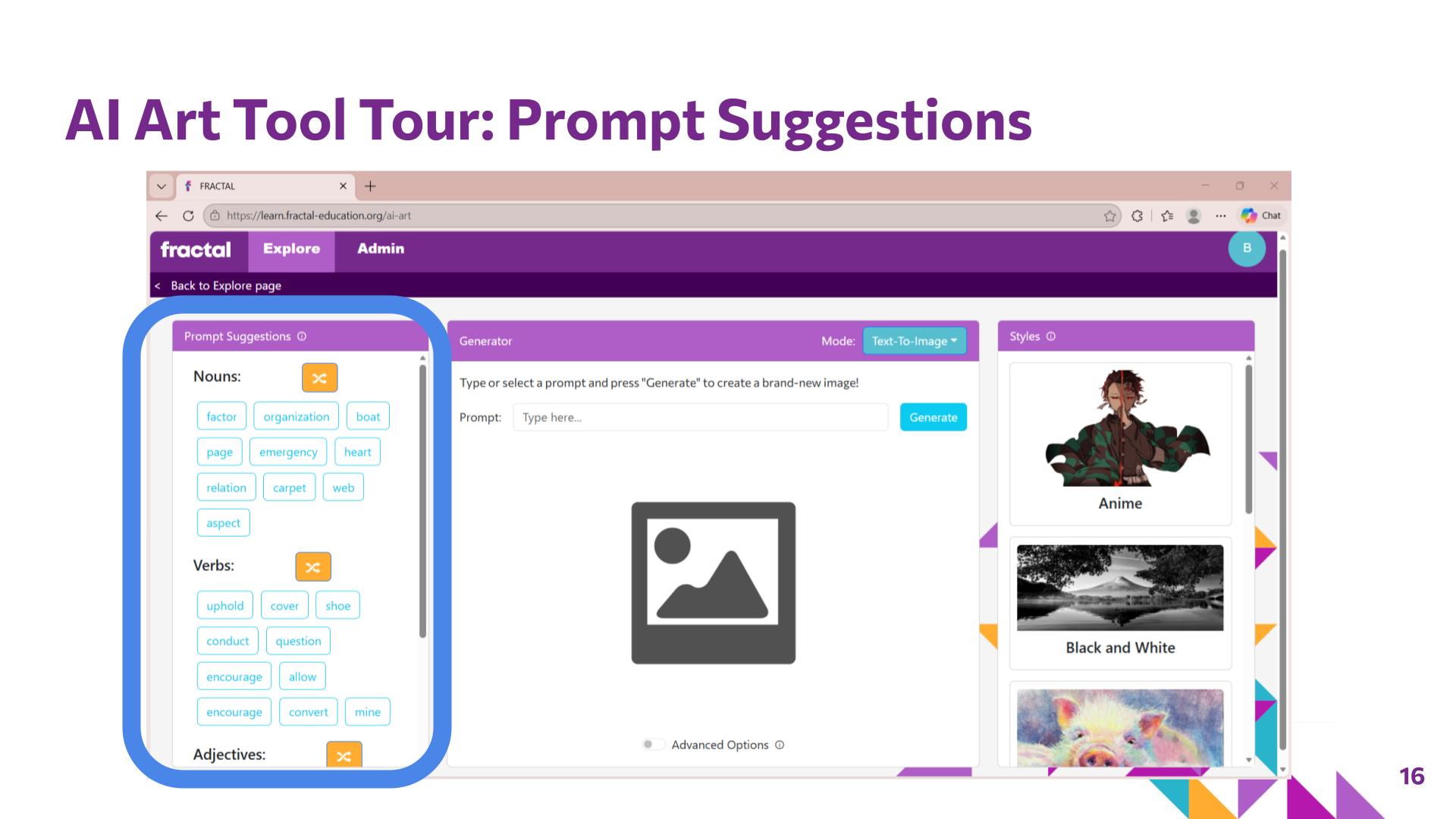 Slide 16: AI Art Tool Tour: Prompt Suggestions — Picture it with Words