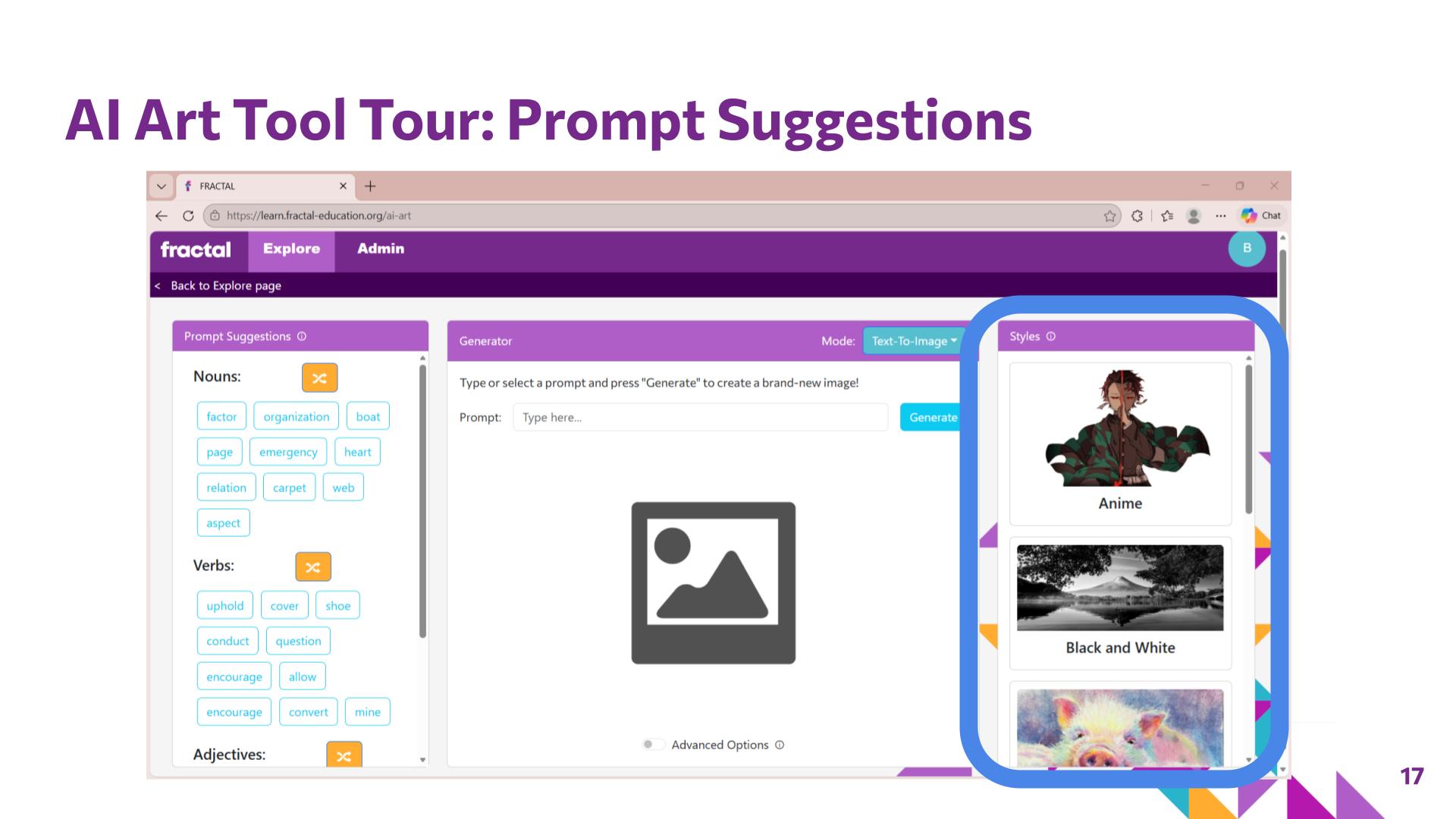 Slide 17: AI Art Tool Tour: Prompt Suggestions — Picture it with Words