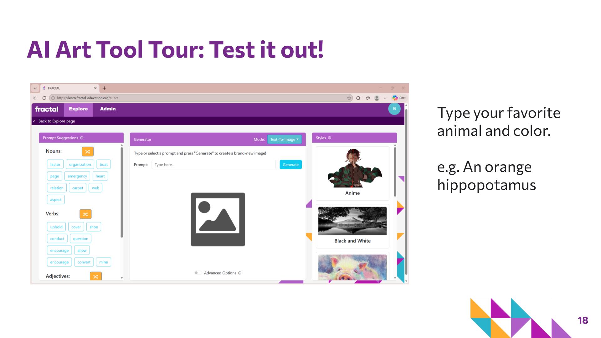 Slide 18: AI Art Tool Tour: Test it out! — Picture it with Words