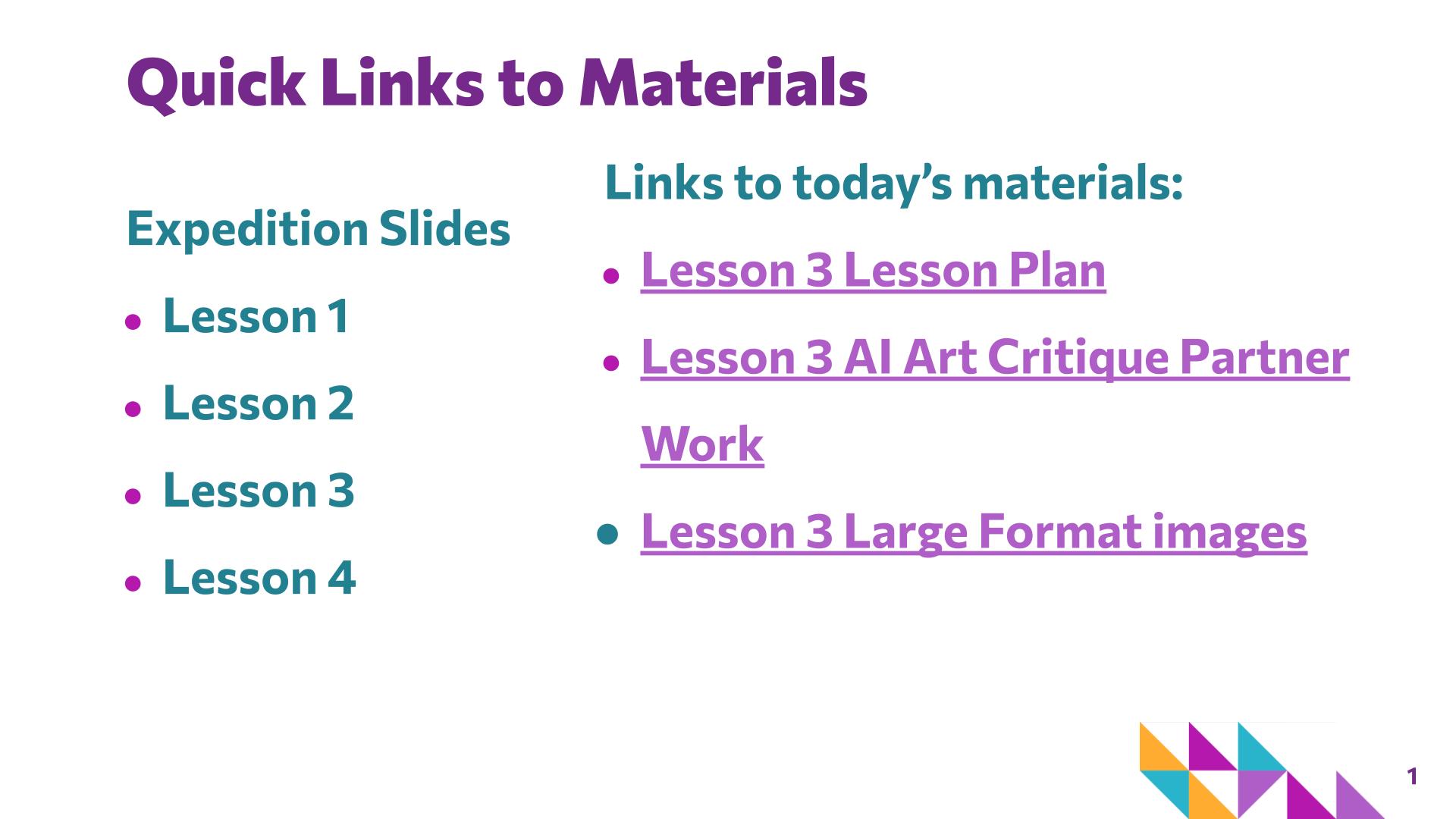 Slide 1: Quick Links to Materials — AI Art Critique