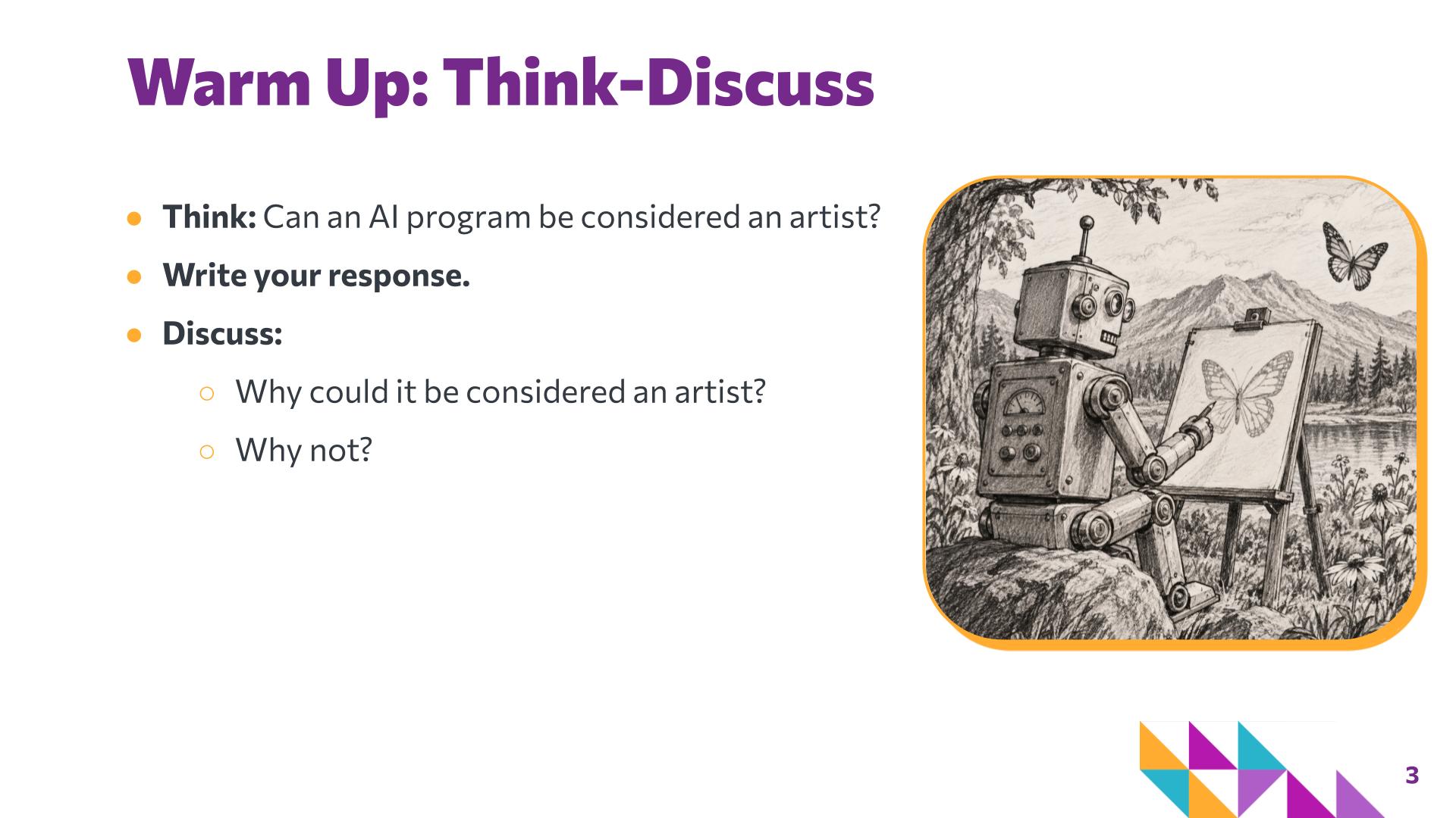 Slide 3: Warm Up: Think-Discuss — AI Art Critique