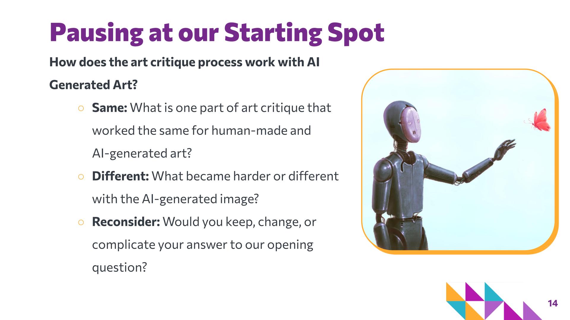 Slide 14: Pausing at our Starting Spot — AI Art Critique