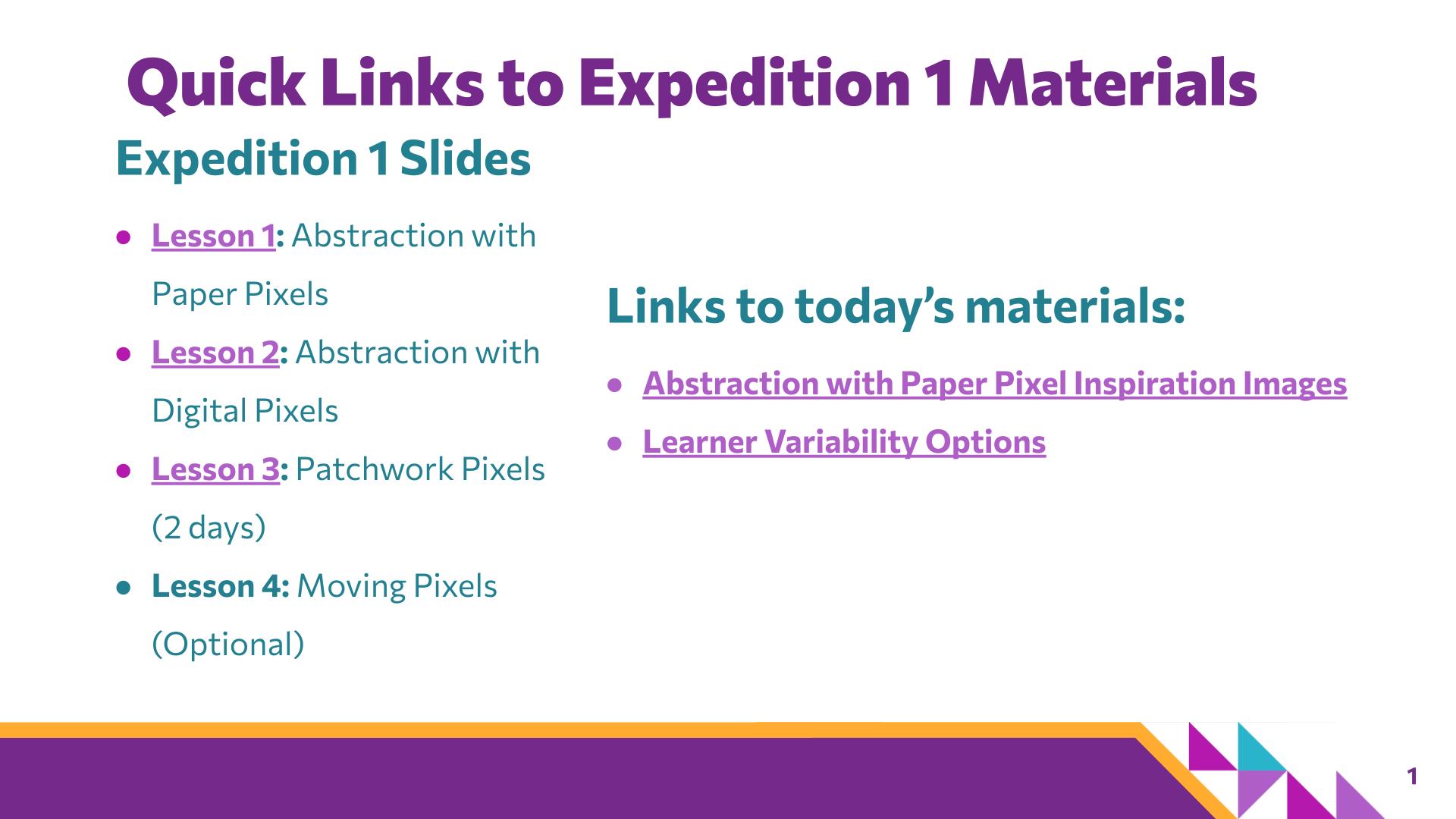 Slide 1: Quick Links to Expedition 1 Materials — Abstraction with Paper Pixels