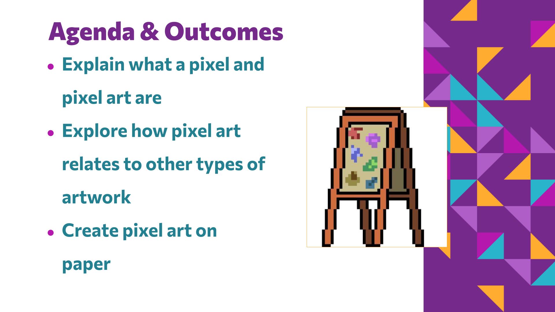 Slide 5: Agenda & Outcomes — Abstraction with Paper Pixels