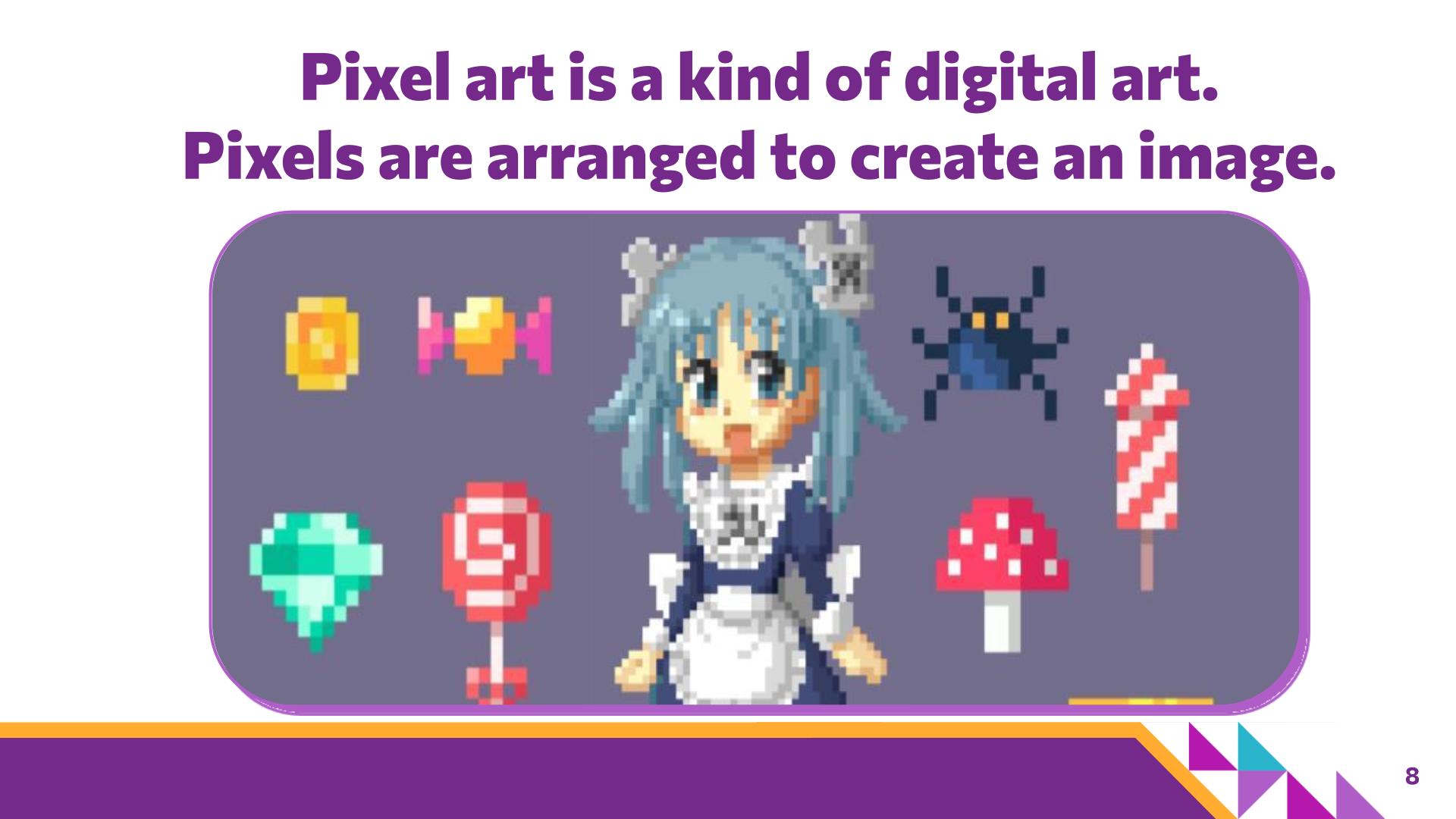 Slide 8: Pixel art is a kind of digital art. 
Pixels are arranged to create an image. — Abstraction with Paper Pixels