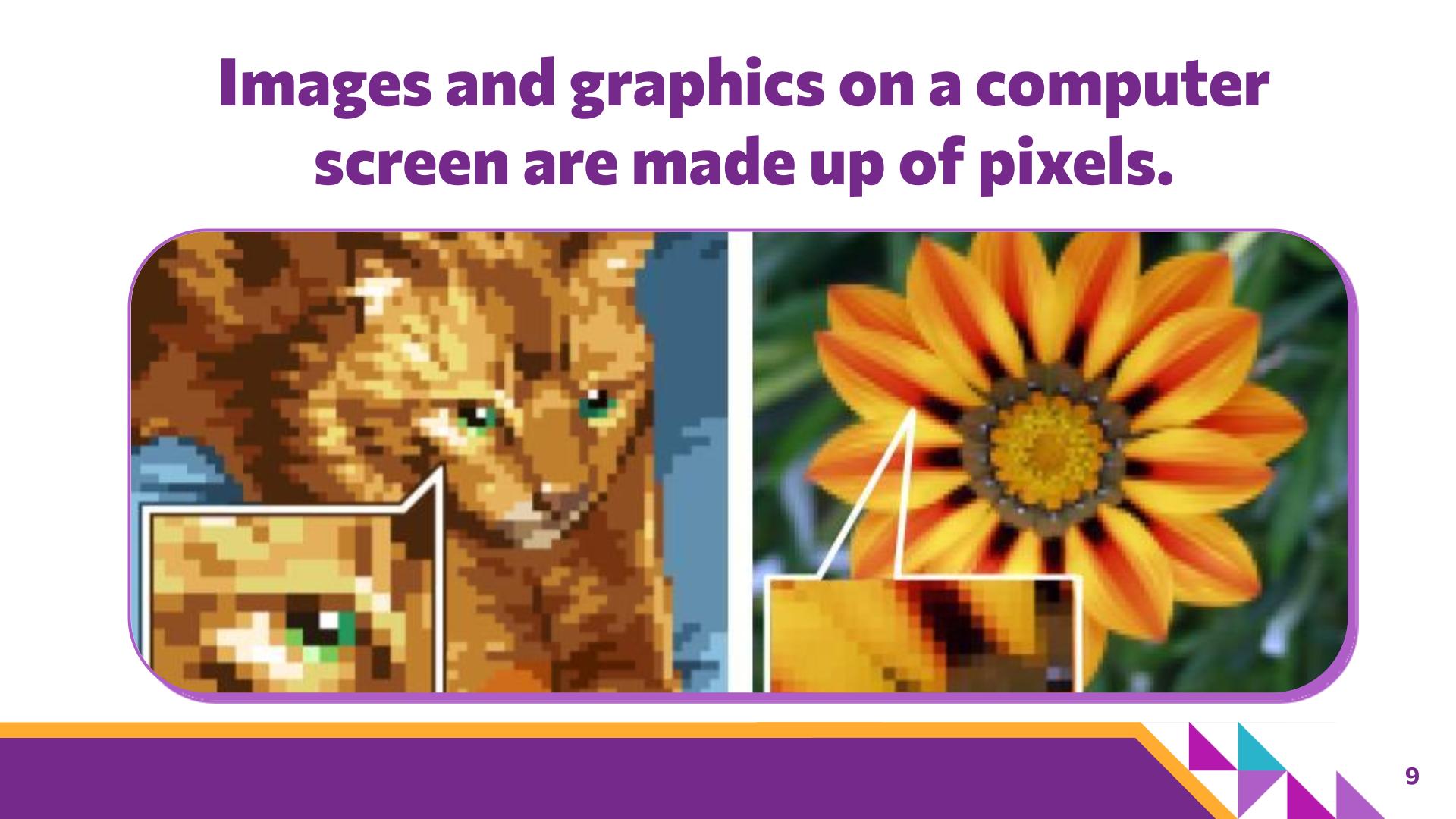 Slide 9: Images and graphics on a computer screen are made up of pixels. — Abstraction with Paper Pixels