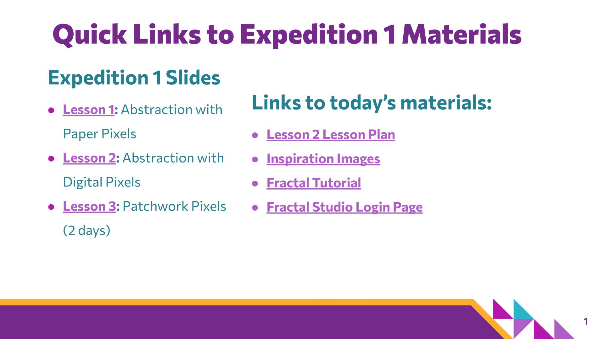 Slide 1: Quick Links to Expedition 1 Materials — Abstraction with Digital Pixels