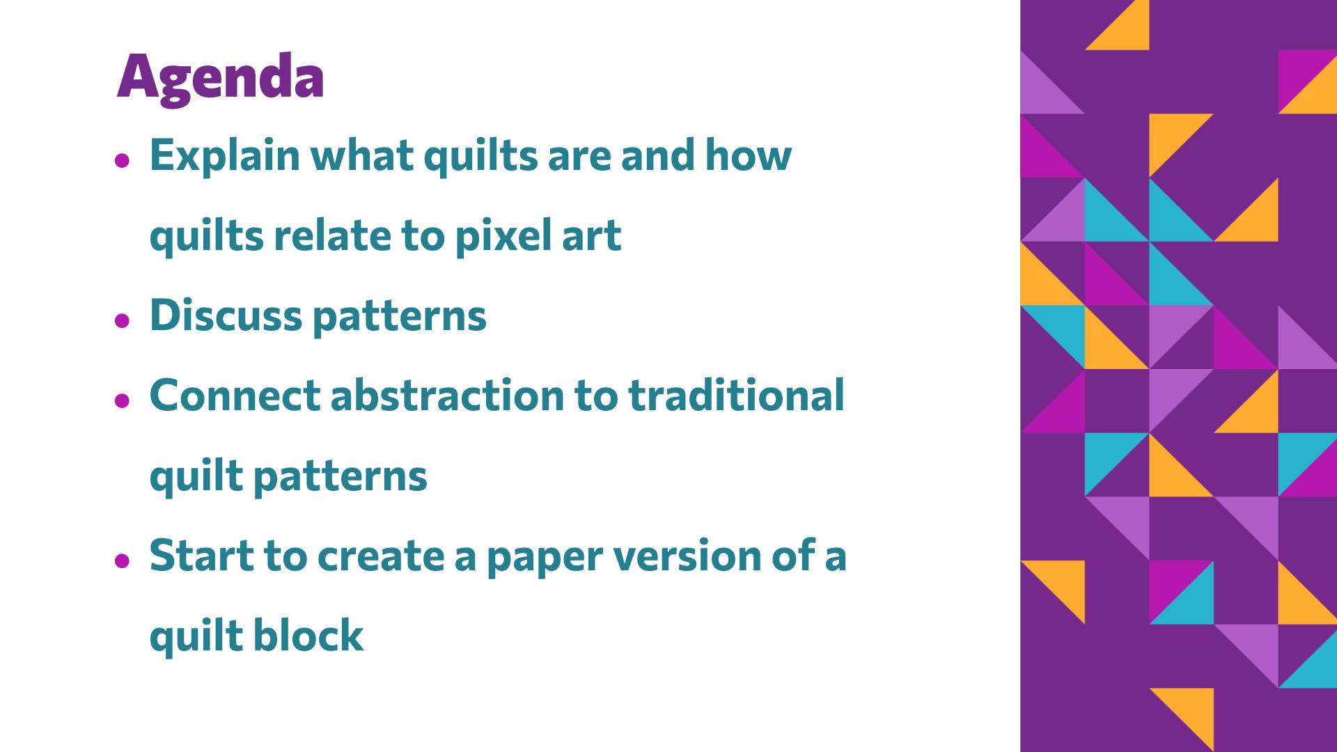 Slide 4: Agenda — Patchwork Pixels