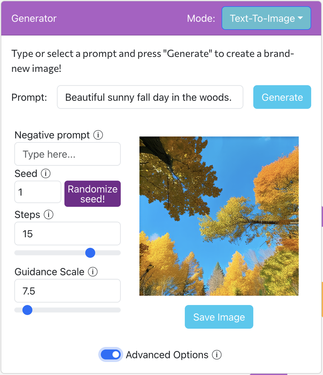 The Advanced Options panel: negative prompt, seed, steps, and guidance scale.
