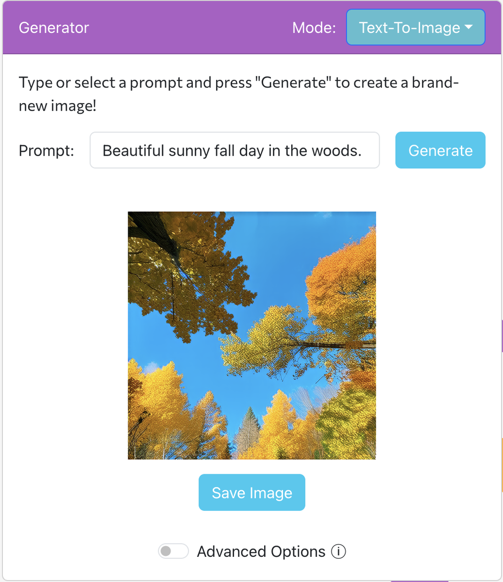 The AI Art generator: enter a prompt — here, "Beautiful sunny fall day in the woods" — and press Generate.