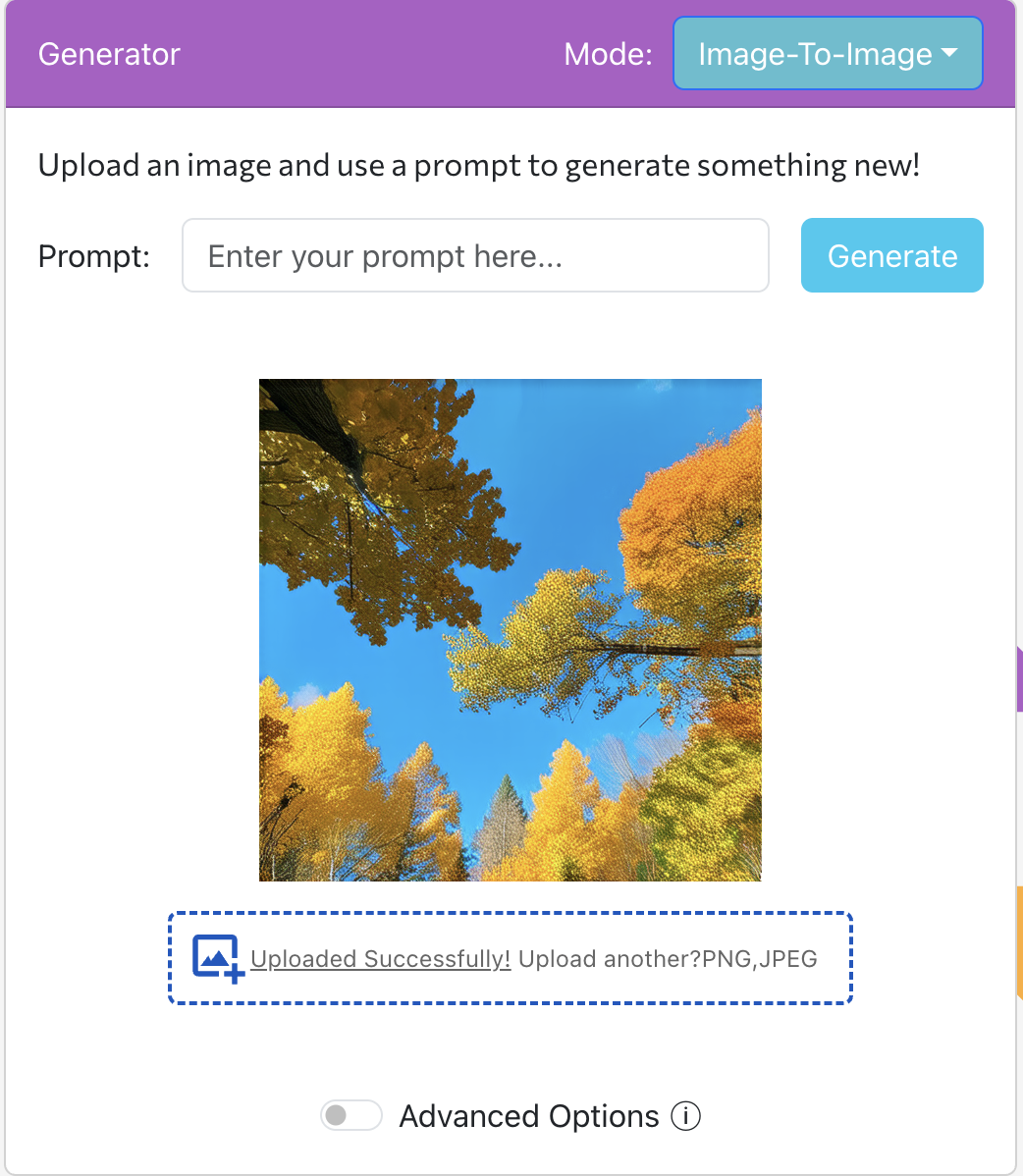 Image to Image mode: upload or reuse an image and prompt the generator to transform it.
