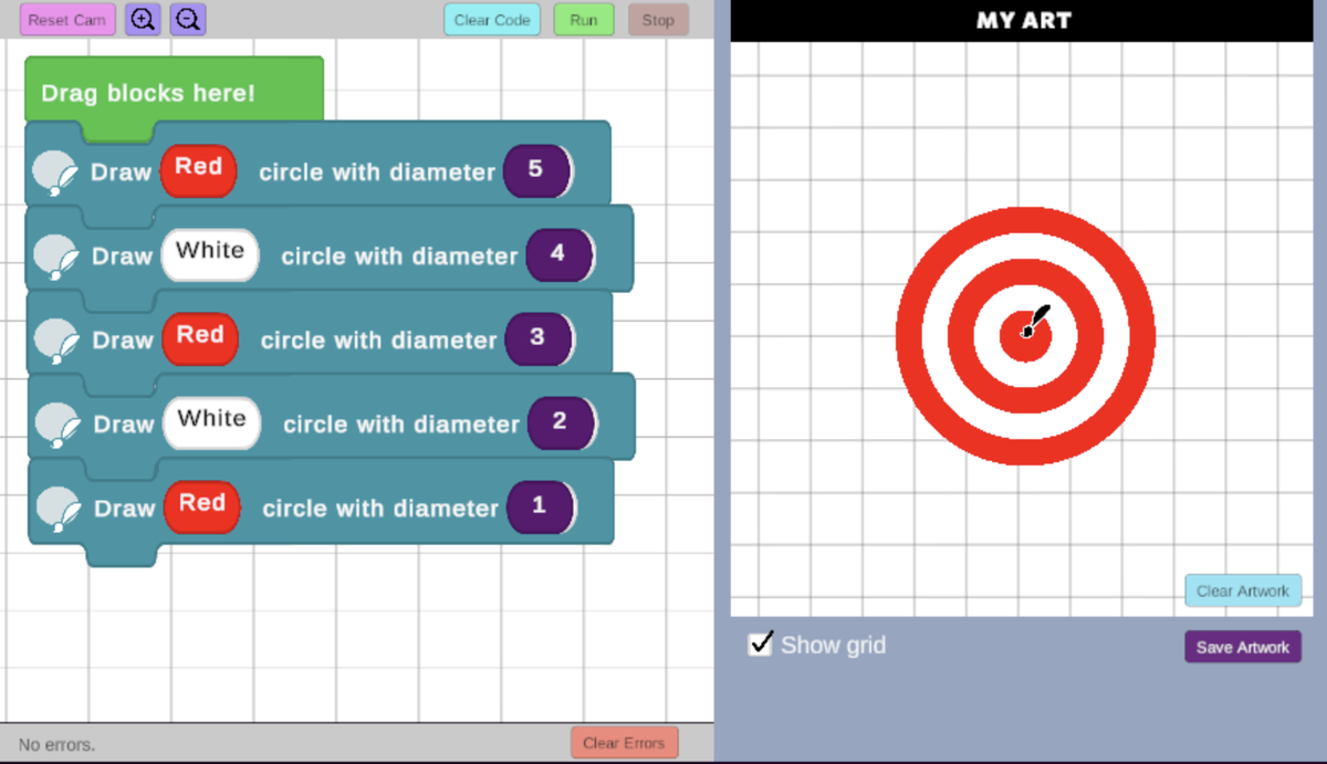 Layering in action: repeated draw blocks build a bullseye, painted in order from bottom to top.
