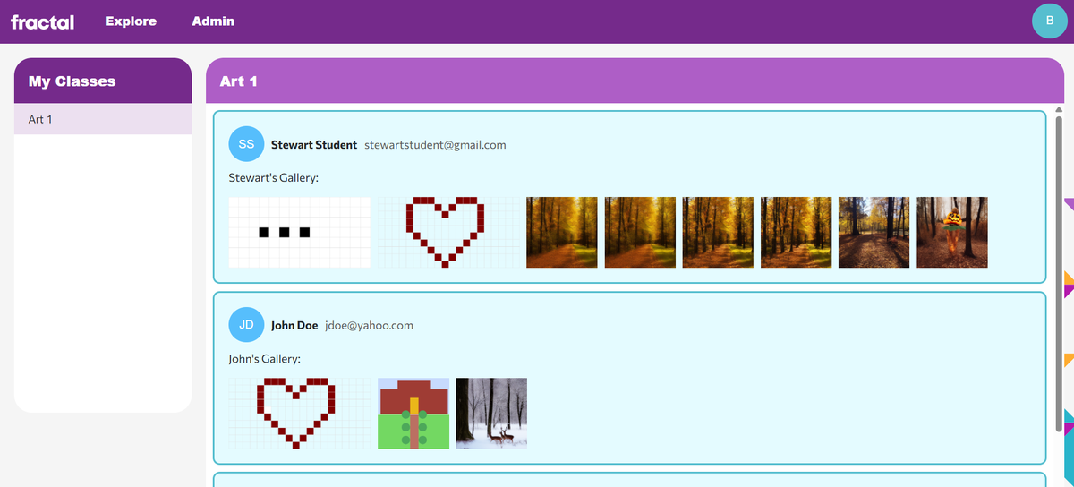 The Classes page: browse each student's saved artwork by class.