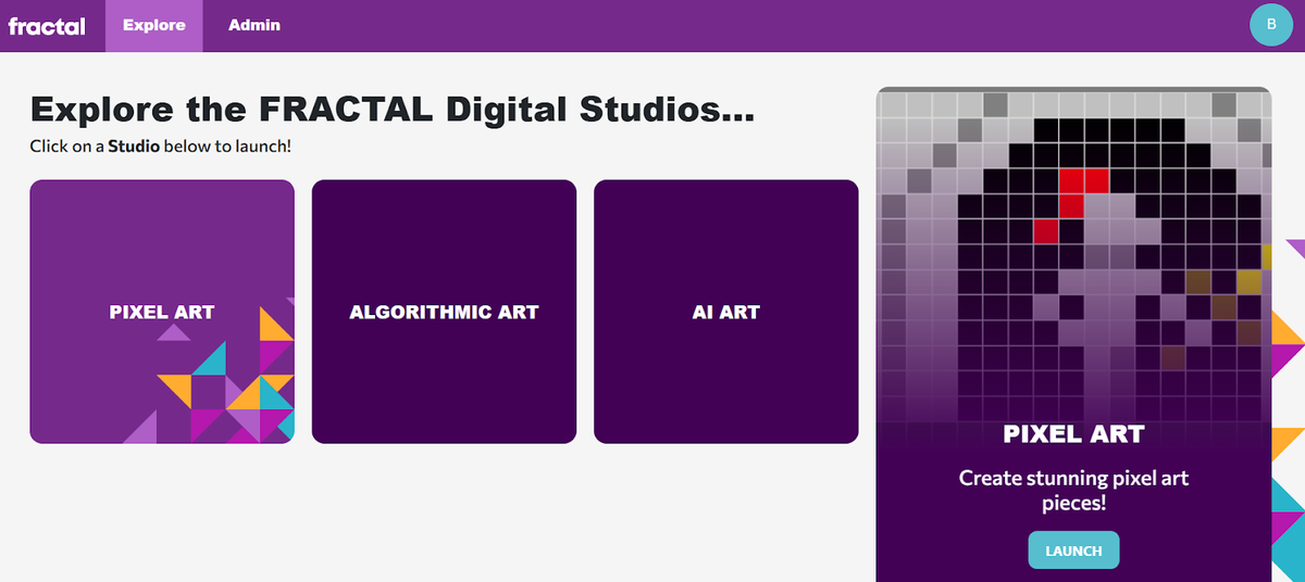 The Explore page: choose Pixel Art, Algorithmic Art, or AI Art, then hit Launch.