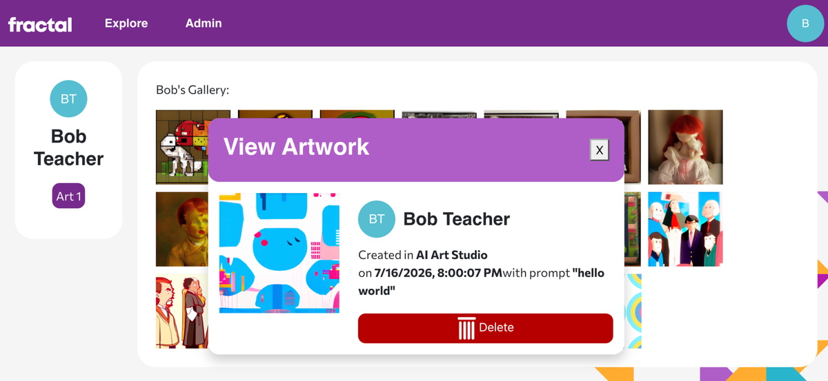 The View Artwork popup on the Profile page.